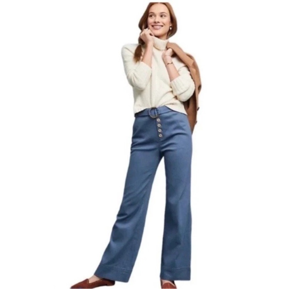 Anthropologie Cassidy Wide Leg High Rise Belted Pants Blue Size 0 Cotton Blend